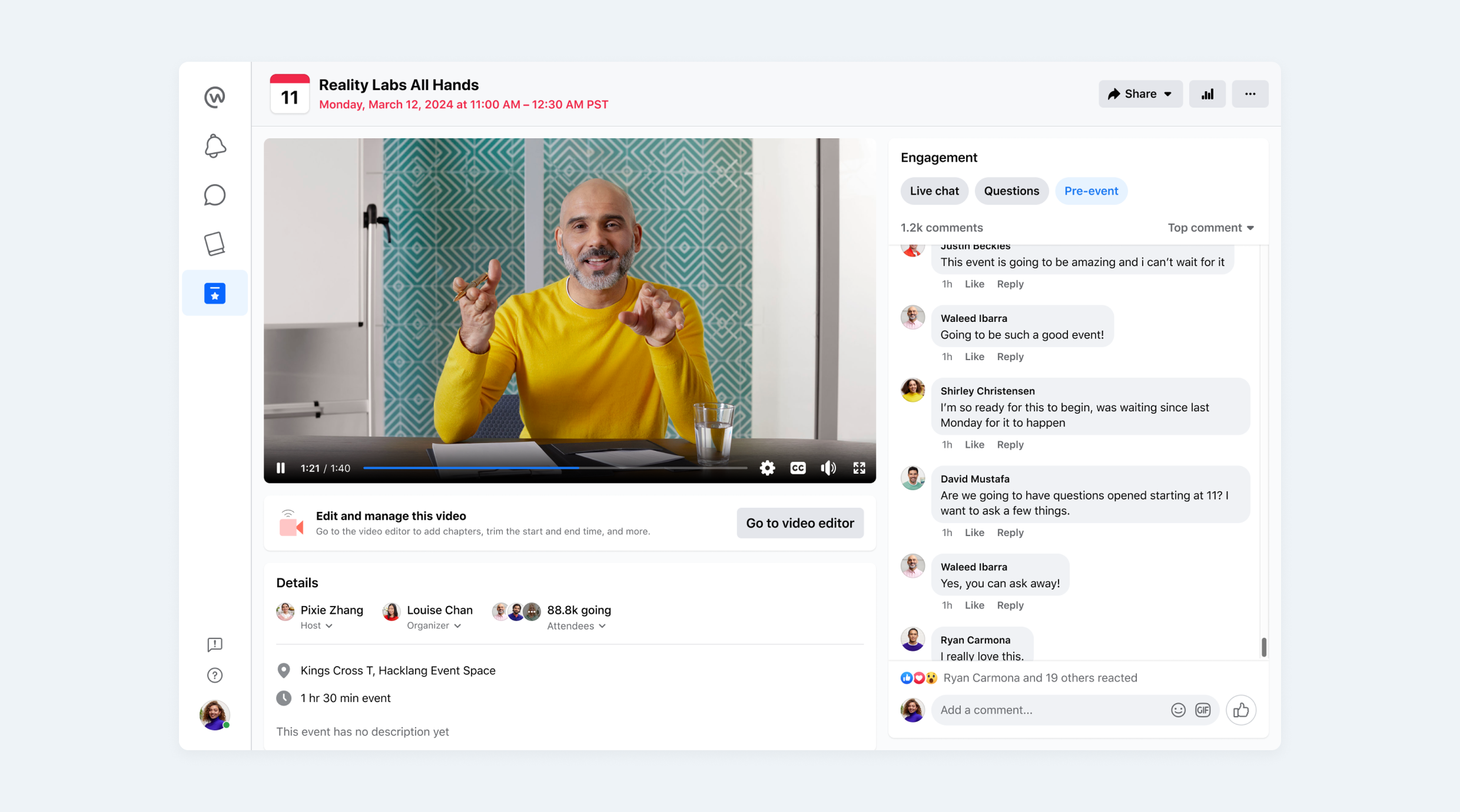 Workplace Events Studio showing a live broadcast with engagement tools